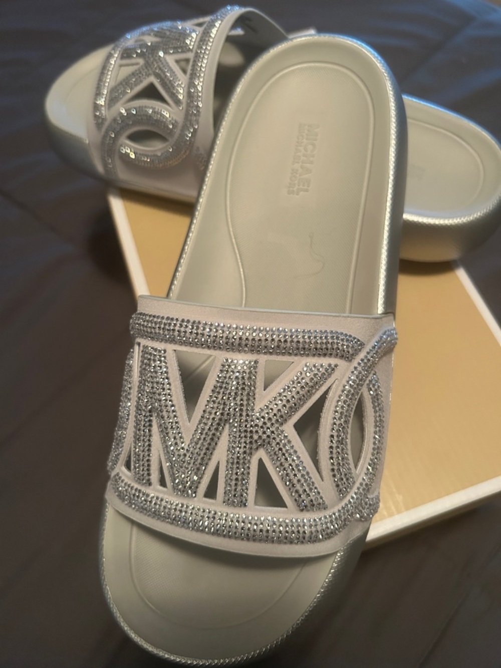 MICHAEL Michael Kors Silver Crystal MK Logo Slide Sandals